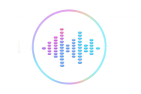 Vibrant neon audio spectrum symbol featuring multicolored gradient inside circular frame, representing sound visualization on transparent backdrop