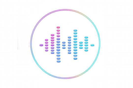 Vibrant neon audio spectrum symbol featuring multicolored gradient inside circular frame, representing sound visualization on transparent backdrop