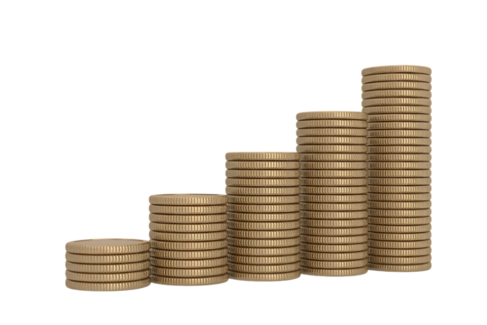 Growing wealth concept with golden coins stacked high representing financial success and investment growth