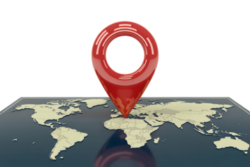 Red pin marking location on world map, strategic global business expansion, international reach and connection