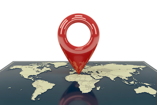 Red pin marking location on world map, strategic global business expansion, international reach and connection