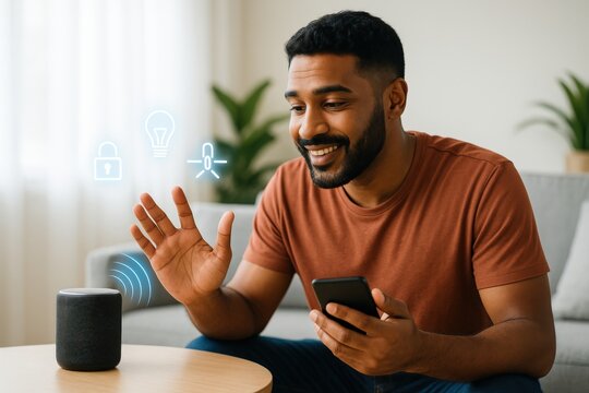 A man interacting with smart home technology using voice commands, with a happy and engaged expression. He's holding a smartphone and the technology is showing the icon
