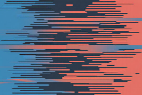 Abstract digital glitch art with horizontal lines in blue and coral colors creating a distorted visual effect