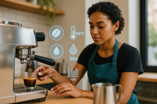 a barista preparing coffee using a modern espresso machine with smart interface