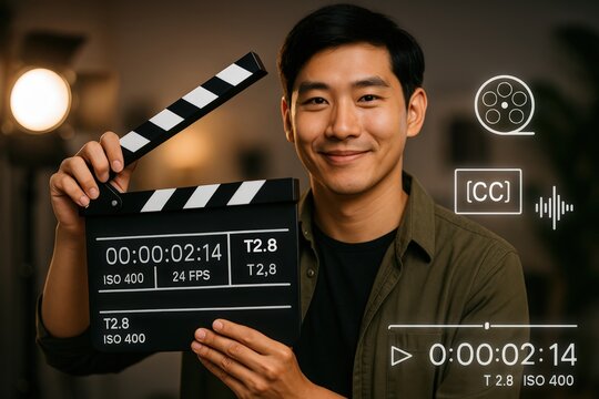 A Film professional holding a clapboard in front of the camera, ready to begin filming. The person has a relaxed smile and an engaging gaze, preparing for their next shot