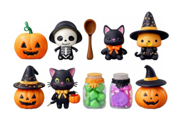 Set of halloween cute ghost and lovely halloween decorations, watercolor icon collection isolated on white background. PNG transparent background.
