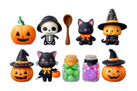 Set of halloween cute ghost and lovely halloween decorations, watercolor icon collection isolated on white background. PNG transparent background.
