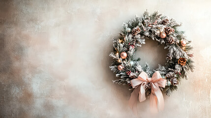 Beautifully crafted Christmas wreath features frosted pine branches, shimmering ornaments, and a soft pink bow, enhancing the festive ambiance and providing ample copy space for text