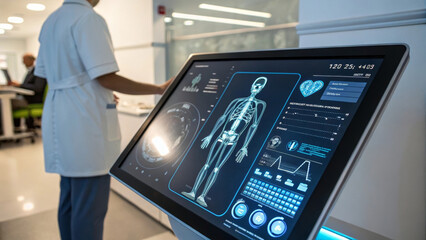 Futuristic medical display showing glowing ai interface, real time vitals, digital skeleton scan, and health data in modern hospital, healthcare innovation concept