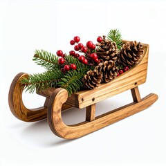 Rustic wooden sleigh arrangement with evergreens, berries, and pinecones centerpiece on white background