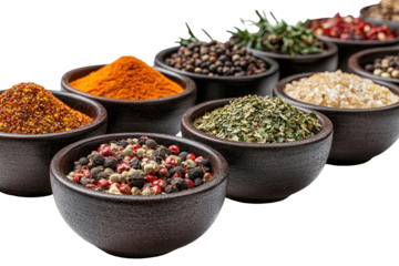 Various spices in rustic bowls arrayed on a white background, offering a visual feast of culinary flavors and ingredients for diverse recipes