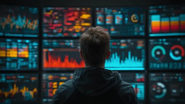 Data Analyst at Work: A skilled data analyst intently surveys a wall of screens displaying intricate data visualizations and complex charts, fully immersed in their analytical domain. 