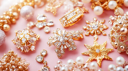 Fototapeta premium A stunning array of Christmas and New Year jewelry, showcasing sparkling brooches and ornaments with intricate designs, set against a soft pink backdrop, evoking festive elegance and charm