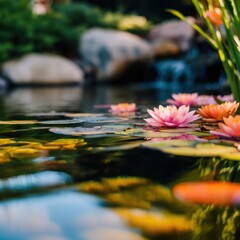 Serene pond scene featuring vibrant water lilies in bloom, surrounded by lush greenery and gentle flowing water