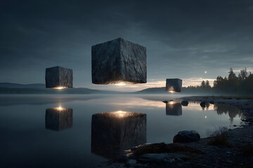 Obraz na płótnie Canvas Floating cubes over water landscape surreal mysterious dark nature wallpaper background image for desktop