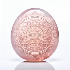 Translucent carved gemstone displaying a floral mandala design on white background