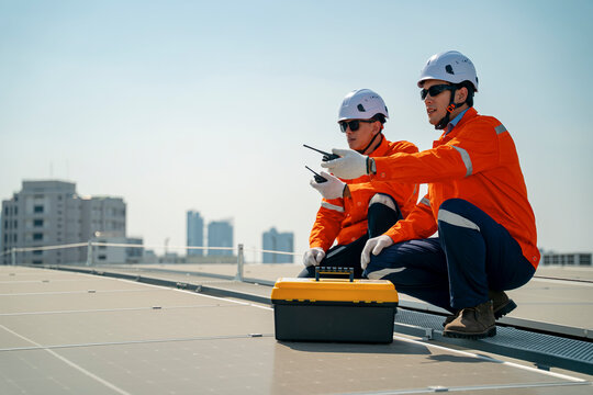 Workers assess solar panel installation on rooftop in urban setting during sunny afternoon