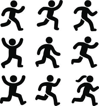 Running Silhouette Icon Set &ndash; 9 Black Vector Poses for Sprint, Motion, and Fitness Design