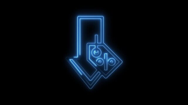 Neon arrow with discount symbol animation showing price decrease on black background