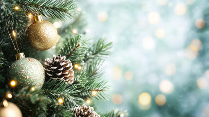 Close-up of a beautifully decorated Christmas tree featuring golden and green ornaments, natural pine cones, and soft twinkling lights, evoking a warm and joyful holiday spirit
