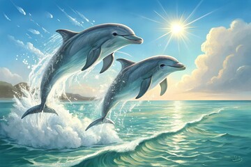 Pair of dolphins jumping out of water in sync, sun shining, feeling of joy and play