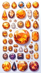 Various colorful gemstones, amber hues, many cuts