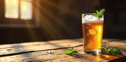 Ice-cold beer bottles sweating condensation on a rustic wooden table, ready to be enjoyed Sunlight streams in, highlighting the refreshing beverage , sunlight, summer