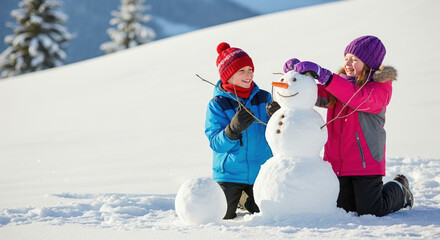 Kids making snowman, enjoying winter fun outdoors in snowy landscape. Winter fun includes children building snowman together, adding twig arms, carrot nose to snowman in bright sunlight.