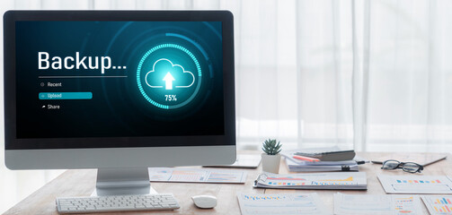 Backup Storage Data Internet Technology Business concept. Database storage cloud technology file data transfer sharing, cyber, big data information, internet banking application download upload brisk