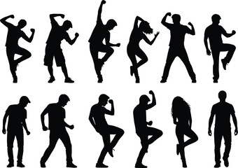 Silhouettes of people dancing, male and female figures, dynamic movement, energetic poses, celebration, party, rhythm, joy, freedom, fun, active lifestyle