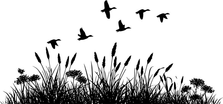 vector silhouette of duck bird flock flight over marsh herbs isolated on white background. group of wild ducks and typhaceae marsh herb with leaves and spike flowers