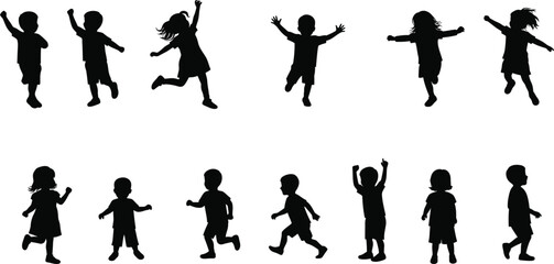children playing joyfully in various poses silhouette on transparent background