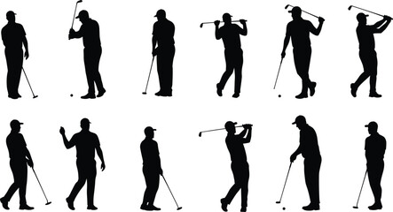 Obraz premium Golf player silhouette collection, male golfer poses, golf swing action, vector illustration, black silhouette of golfer, sports design element