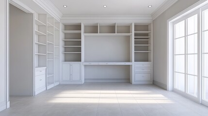 Fototapeta premium Empty white study room with built in bookshelves