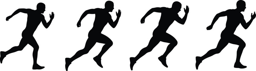 Silhouette illustration of male runner sprinting sequence showing athletic motion, dynamic movement, sports training, fitness exercise, speed running concept vector art