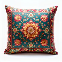 Decorative floral cushion displaying intricate symmetrical pattern design on white background