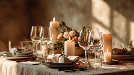 elegant dinner table set for a small celebration at home candles wine glasses and a minimalist chic decor