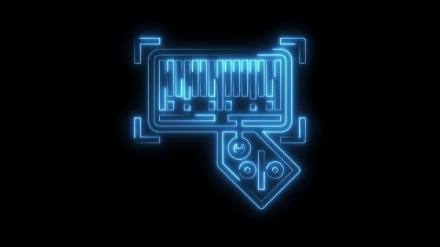 Glowing neon barcode scanner with discount symbol animated on a dark background