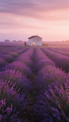 Lavender fields at sunset with a small white house in the background