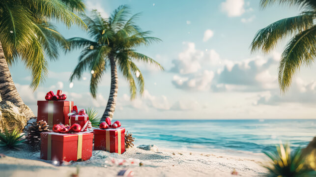 A vibrant tropical beach scene showcases colorful Christmas gifts nestled in the sand, framed by lush palm trees and a serene ocean backdrop, creating a joyful holiday ambiance