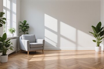 Fototapeta premium A serene spacious living area with a cozy chair and vibrant indoor plants, creating a welcoming, stylish space