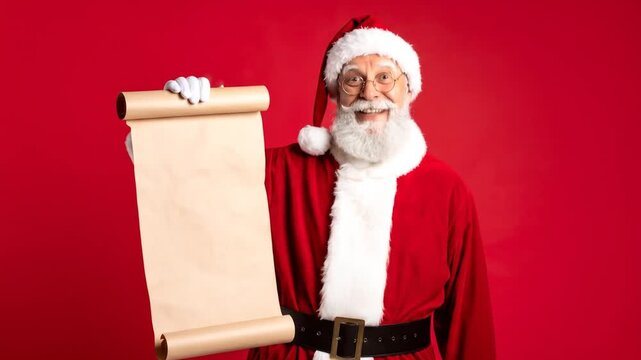 Joyful Santa Claus with scroll on red background: festive season celebration concept