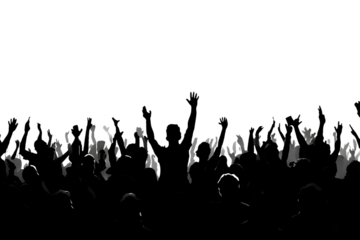 Energetic crowd cheering and raising hands in excitement, capturing the vibrant atmosphere of a live event or celebration with dynamic silhouettes
