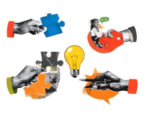 Retro halftone collage business paper stickers set. Hands with puzzles, lightbulb, ch