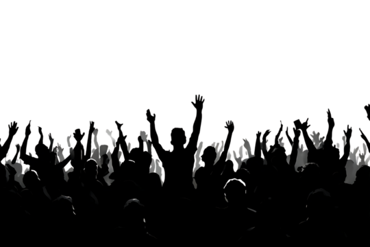 Energetic crowd cheering and raising hands in excitement, capturing the vibrant atmosphere of a live event or celebration with dynamic silhouettes