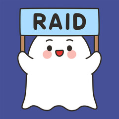 Cute Halloween Ghost Cartoon Vector Holding Raid Sign on Blue Background