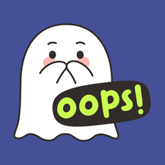 Cute Halloween Ghost Cartoon Vector with Oops Text Expression on Blue Background
