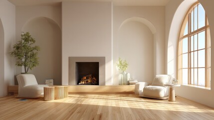 Fototapeta premium stylish modern living room with fireplace minimalist furniture natural light through arched window on light wooden floor background ai generative