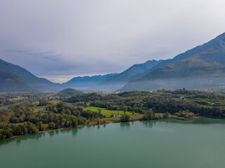 Aerial nature landscape near Colico village in Lake Como Italian Alps mountains in Lombardy
