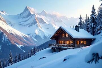 Cozy chalet nestled amidst snow-capped peaks, perfect for a mountain climbing adventure Imagine breathtaking views and a warm retreat after a challenging climb , ropes, holiday, fire